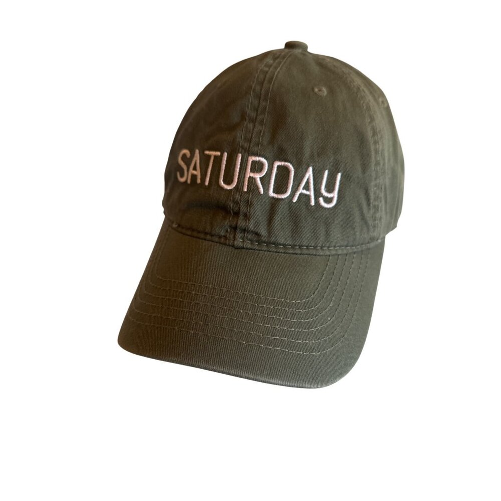 Green Cotton Baseball Cap "Saturday" Embroidered Text Adjustable Strapback